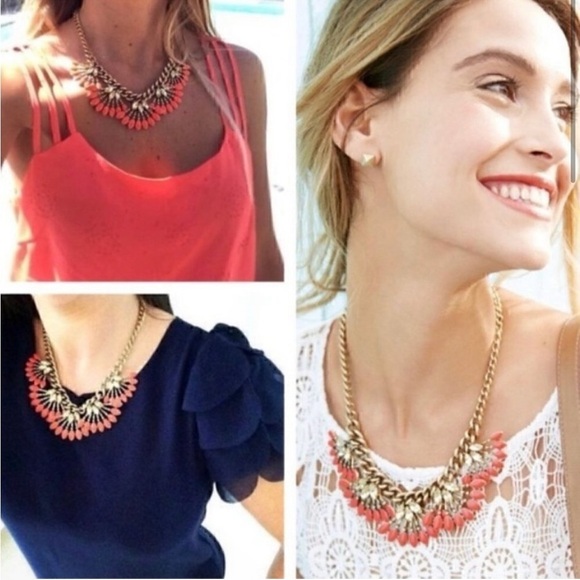 Stella & Dot |Coral Cay Chain Necklace Statement Orange Enamel Rhinestone - Picture 3 of 7